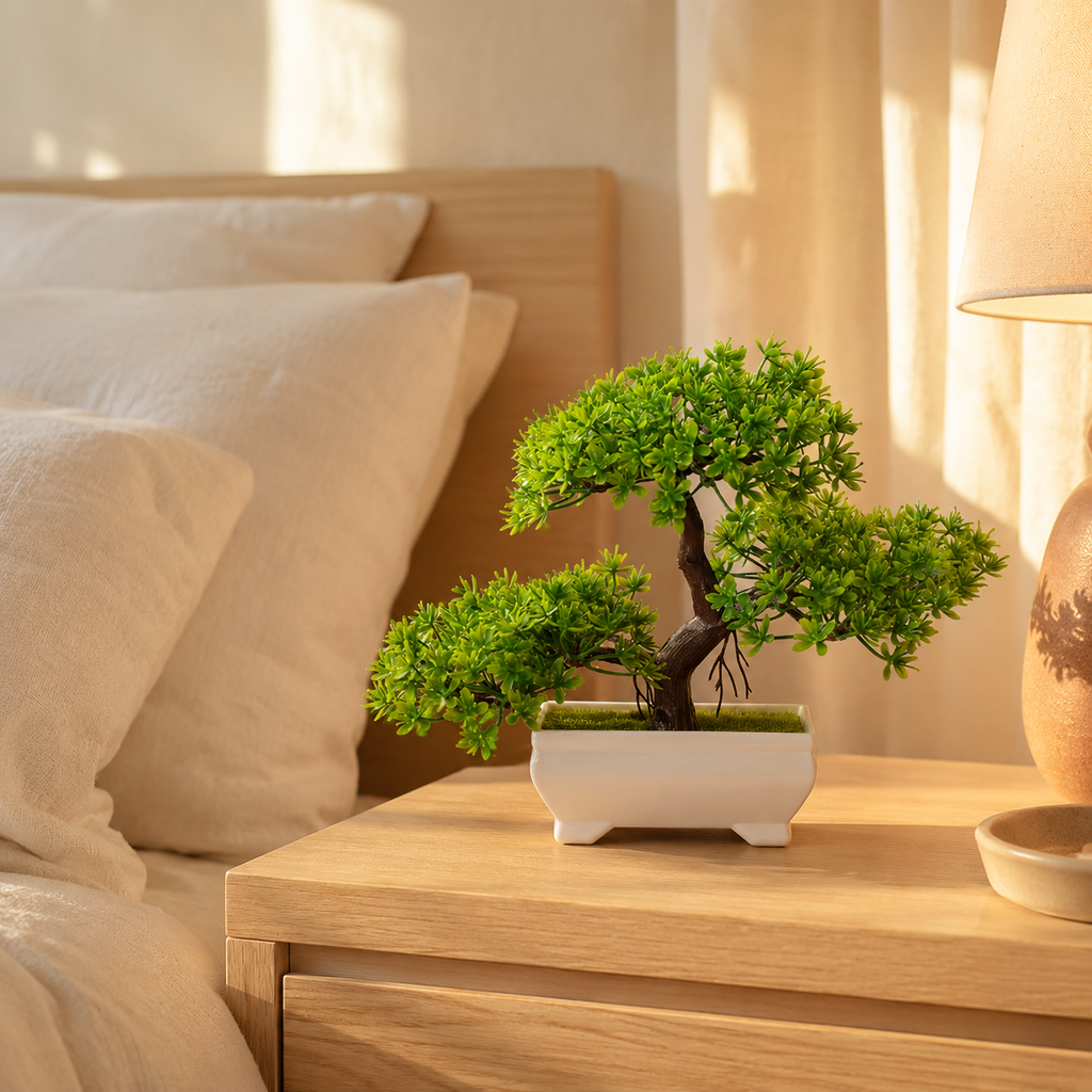 Mini artificial bonsai plant on a bedside table in a warm bedroom