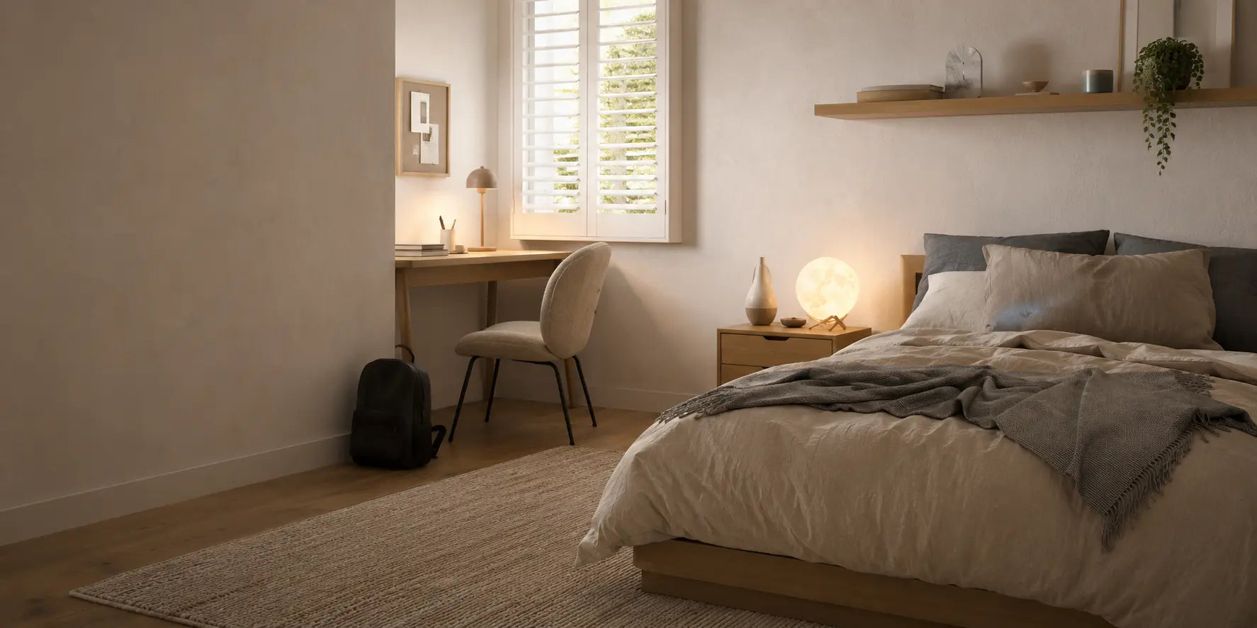 A warm cream bedroom with soft lighting, a textured rug and considered decor